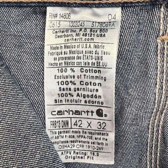 Carhartt Men's FRB13 DNM NFPA 2112 Fire Resistant Dungaree Jeans Blue Size 42x32 - Picture 9 of 9